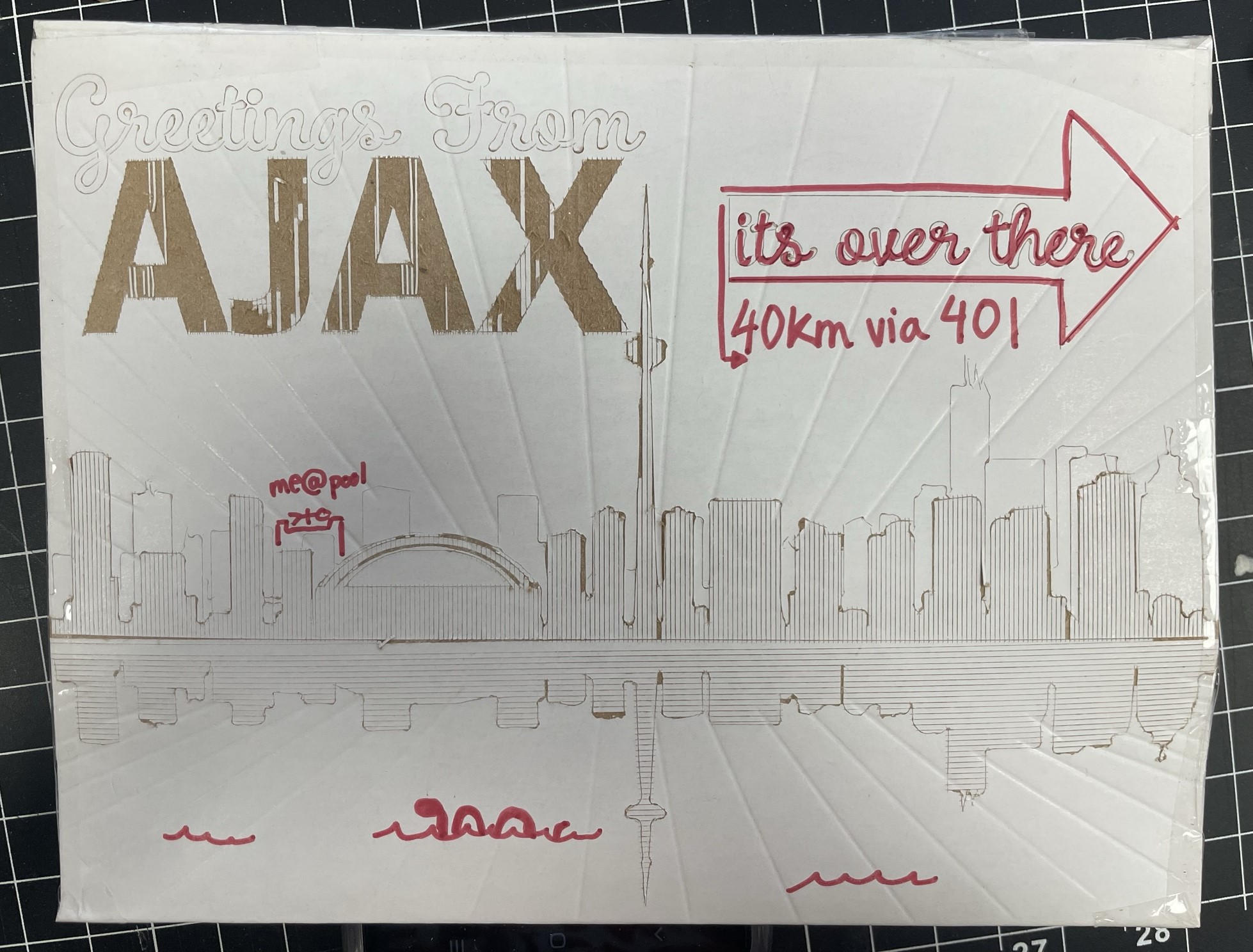 The front of the card featuring the Toronto skyline with an arrow pointing in the direction I was working, 40 minutes out of the city. I did doodle myself at the apartment rooftop pool which IS in the city, as well as a Loch Ness monster which IS in the water